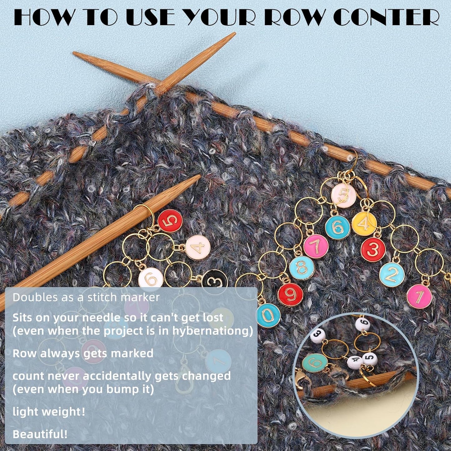 COGCHARGER 3Pcs Flat Round with Number Alloy Enamel Charms Knitting Row Counter Chains for Knitting and Crochet Stitch Markers