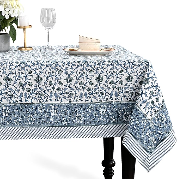 CPC Ocean Vine Tablecloth 100% Cotton 60x60 Inch Indian Block Print Rectangle Table Cover, Table Cloth for Gifting in Weddings, Halloween, Fall, Christmas, Thanksgiving