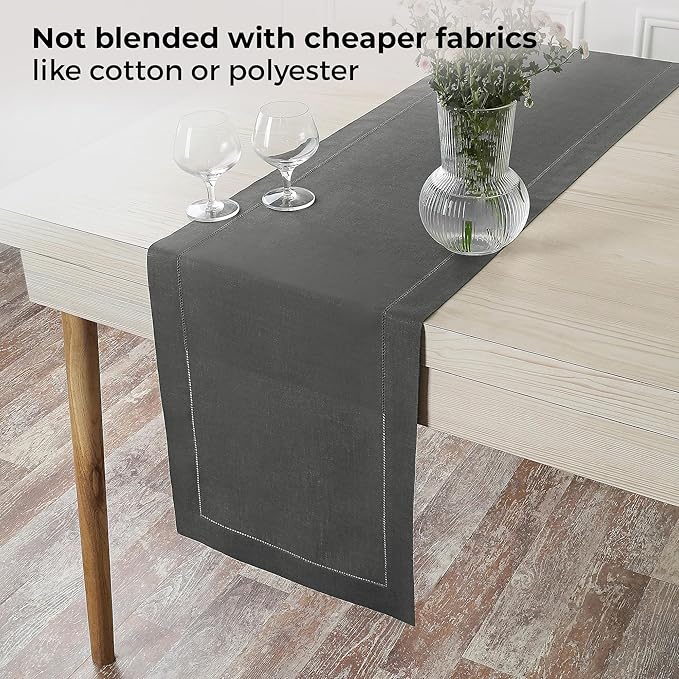D'Moksha Homes Linen Charcoal Grey Table Runner 132 Inches Long - 100% Pure Linen Extra Long Table Runner 14 x 132 Inch for Spring, Easter - Classic Hemstitch