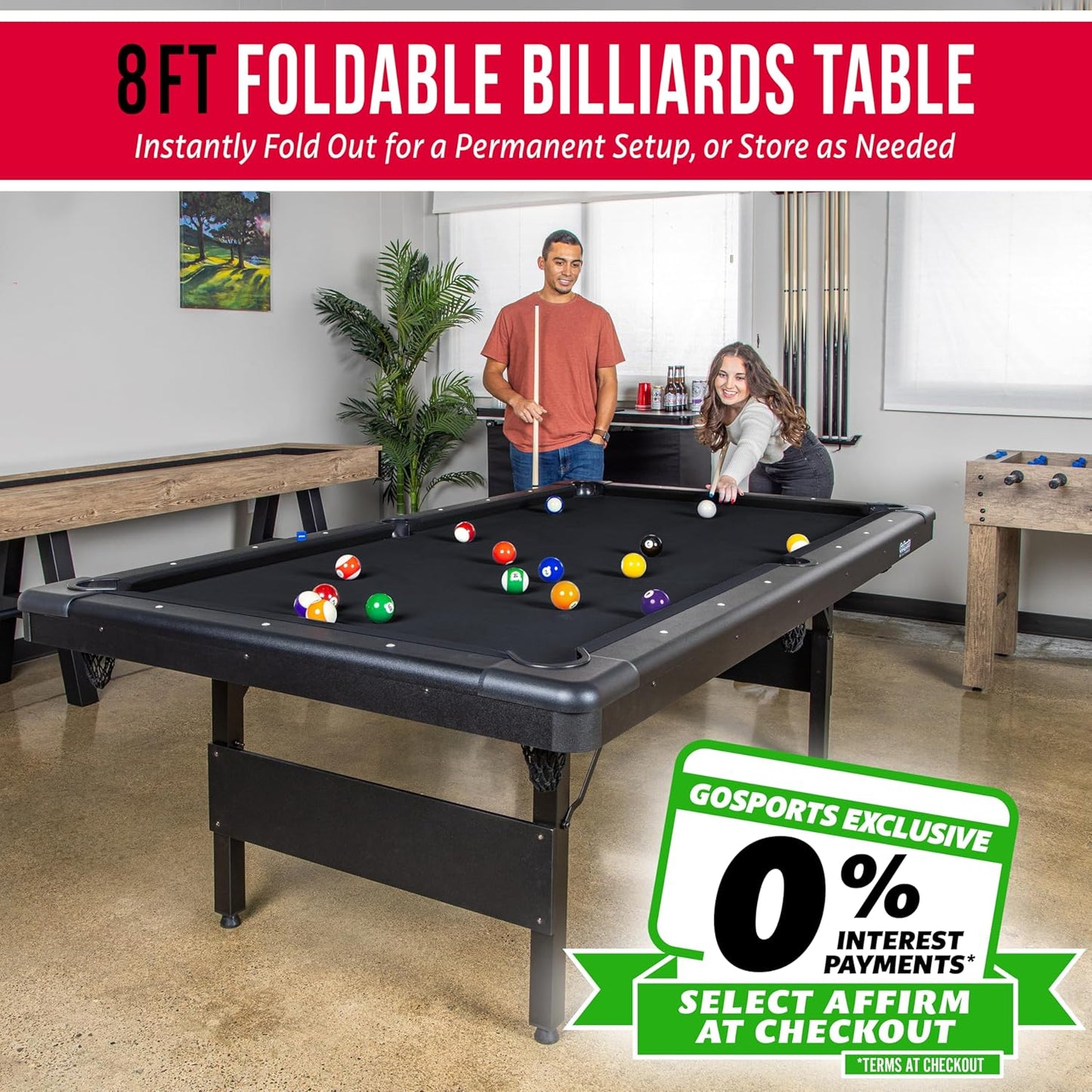 GoSports 6, 7, or 8 ft Billiards Tables - No Assembly, Choose Your Color - Portable Pool Table Includes Full Set of Balls, 2 Cue Sticks, Chalk and Felt Brush