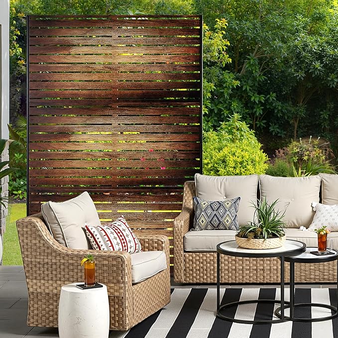 Metal Privacy Screen for Outdoor & Indoor Use, Free Standing Privacy Screen for Patio Garden Pool, 72" H x 47" W Decoative Privacy Panels, Weather Resistant, Easy Assembly (Wood Grain)