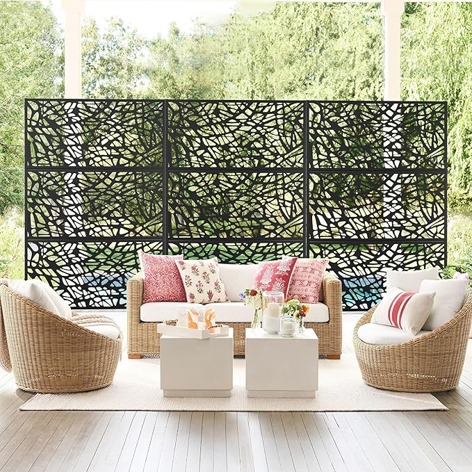 Metal Privacy Screen Outdoor 72" H×47" W,Freestanding Decorative Privacy Screen for Balcony Yard&Garden,Privacy Fence-Black&Net