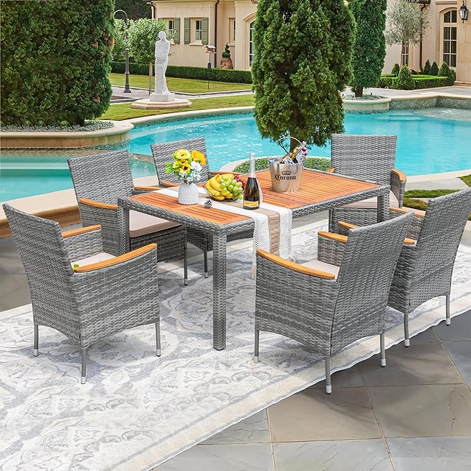 Devoko Dining 7 PCS Furniture, Patio Conversation Set with Acacia Wood Table Top, Outdoor, Beige Cushion and Grey Rattan