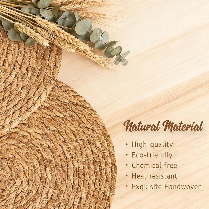 Round Woven Placemats 12 inch Set of 10 - Boho Farmhouse Natural Rattan Table Mats for Dining, Circular Place Mats for Kitchen Table Decor, Farmhouse Weave Placematsfor Dining Table Decor