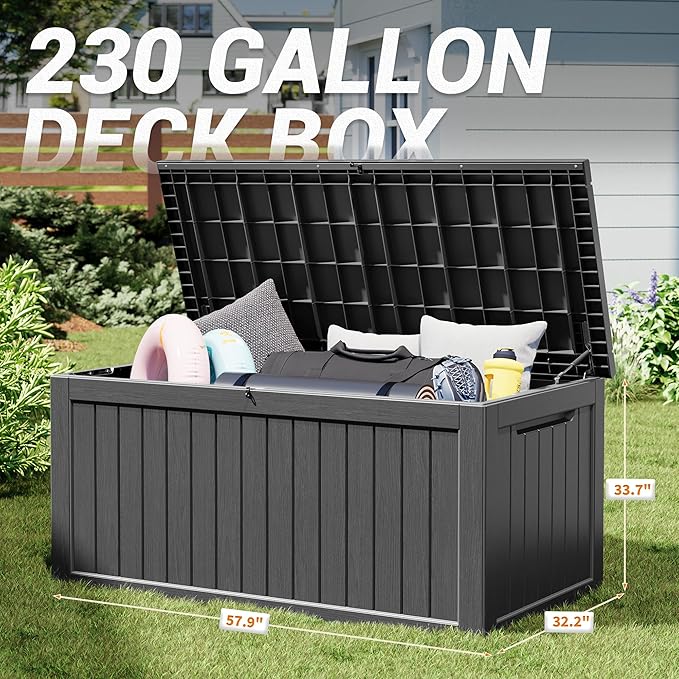 NUNU LAB 230 Gallon Outdoor Storage Box, Large Resin Deck Box with Lockable Lid, Waterproof & UV-Resistant Patio Storage Bin for Garden Tools, Pool Accessories & Furniture, Black