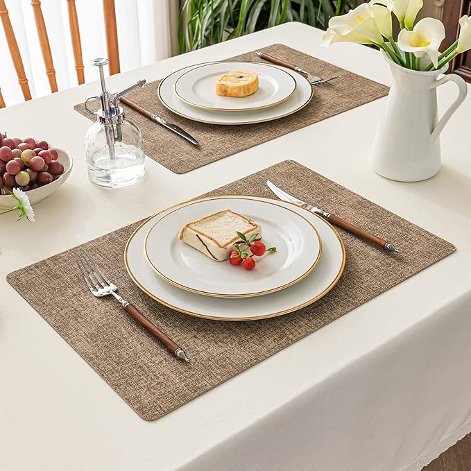 Romanstile Vinyl Placemats Set of 6-12 X 17 Inch - Heat Resistant Place Mats 100% Waterproof Oilproof Wipeable Reversible Faux Leather Table Mats for Kitchen, Dining, Party, Outdoor, Coffee