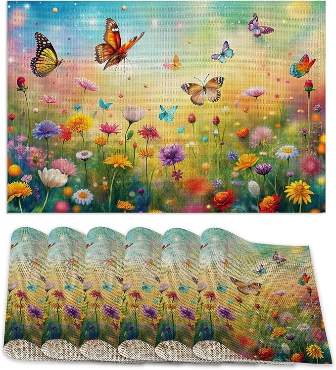Placemats Set of 6,Colorful Butterfly Table Mats, Flowers Washable Linen Table Mats,Non-Slip Heat Resistant Placemats for Party Kitchen Dining Indoor Outdoor 12"x18"