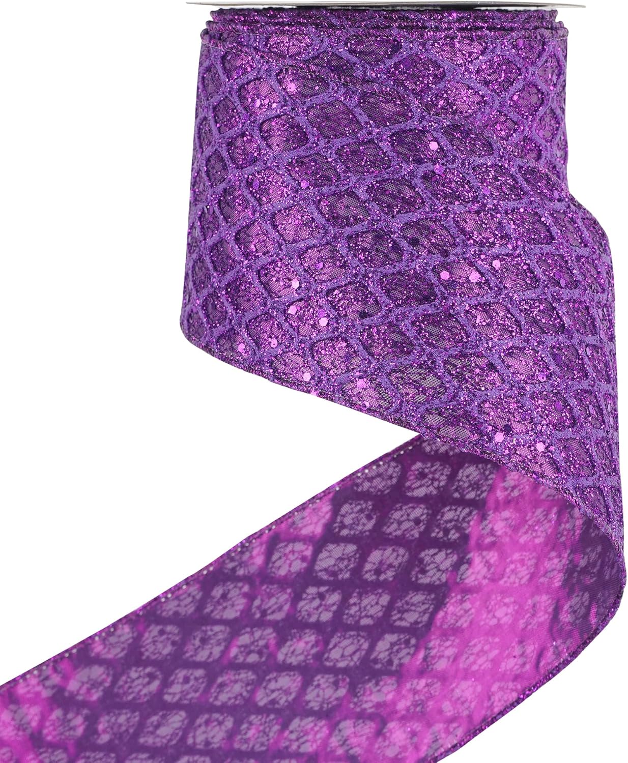 HUIHUANG Purple Wired Christmas Ribbon 4 inch Purple Glitter Wired Ribbon Diamond Mesh Wire Ribbon for X-mas Tree Decorations, Wreaths, Garland, Large Bows Making, Home Decor -10 Yards