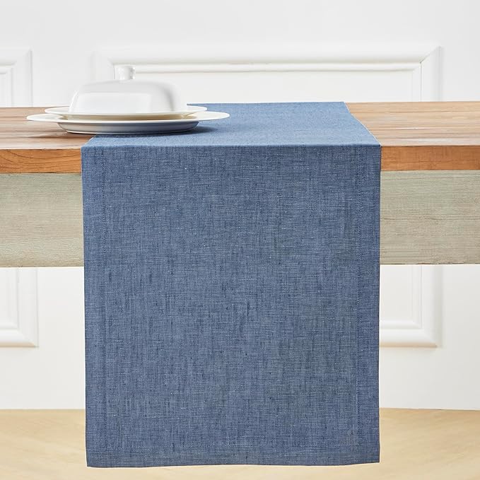Solino Home Linen Table Runner 144 Inches Long - Athena, 100% Pure Linen Blue Denim Dining Table Runner 14 x 144 Inch for Spring, Easter