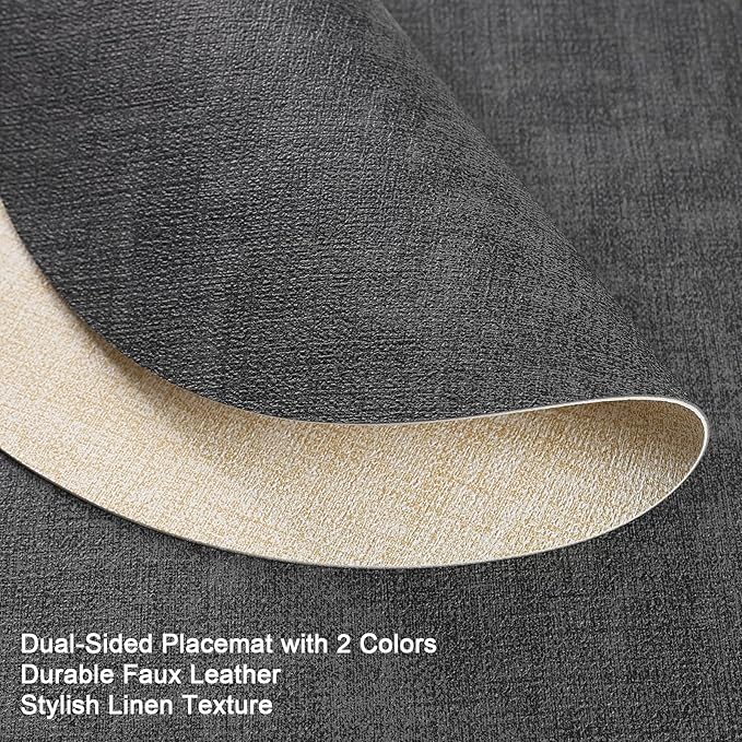 Myir JUN Round Placemats, Dual Sided Faux Leather Place Mats Set of 6 Indoor/Outdoor Non-Slip Washable Table Mats (Gray Cream-White, Set of 6)