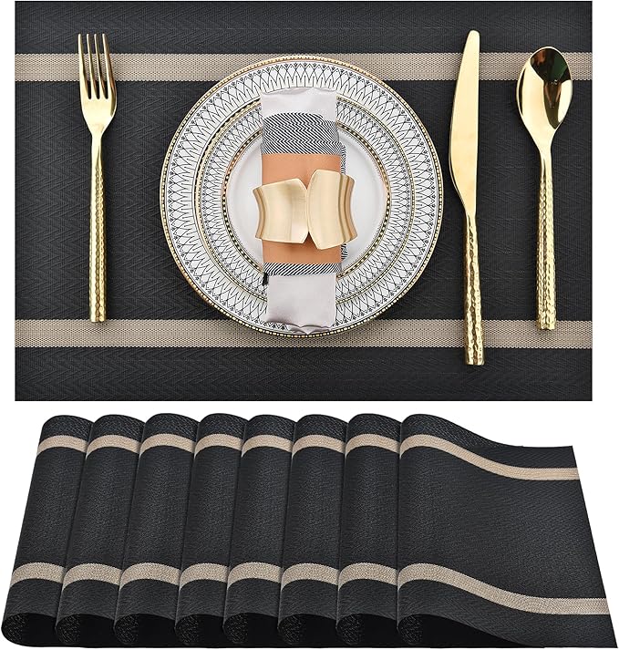 SLKQG Black Placemats Set of 8 - Easy Clean Modern Durable Washable Vinyl Place Mats - Heat Resistant Placemats for Kitchen Table - PVC Table Mats for Dining Table (Black with Stripes, 8)