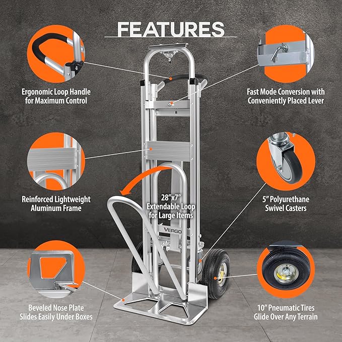 Vergo Industrial Convertible Hand Truck - AS7A2 Heavy Duty Aluminum 3 in 1 Dolly (750 lb Capacity) Lightweight Frame, Ergonomic Handle, Extendable Loop, Versatile Moving Dolly (3 Positions, 53" High)