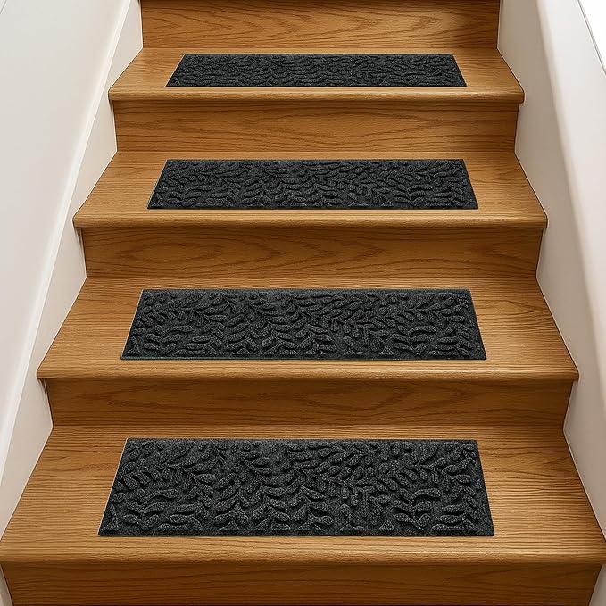 Bungalow Flooring Waterhog Stair Treads (Set of 4) – 8 1/2 x 30 Inches, Durable, Non Slip, Water-Trapping, Indoor/Outdoor Floor Covering, Boxwood Collection – Made in USA, Charcoal