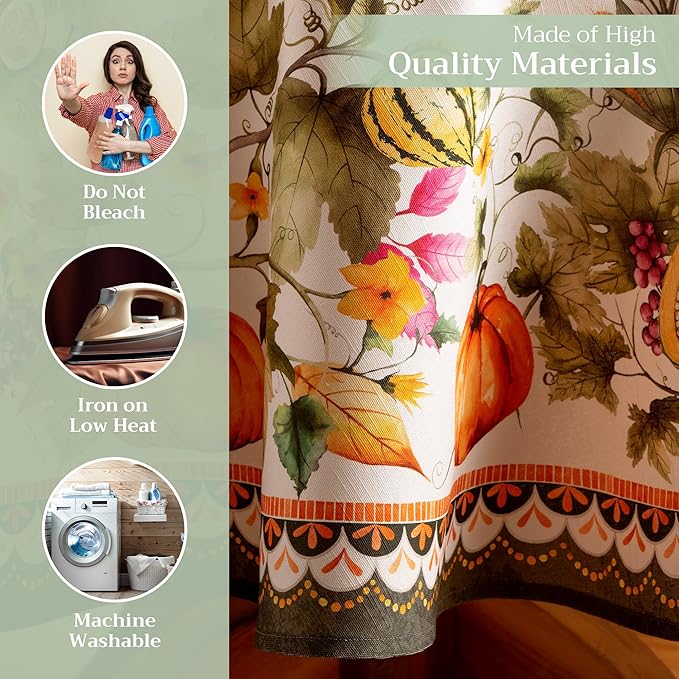 Maison d' Hermine Table Cloth Round Table 100% Cotton 63 Inches Fall Tablecloth Reusable Everyday Use for Thanksgiving Christmas Decorations Dining Farmhouse Party (Pumpkin Garden - Cloudy Cream)