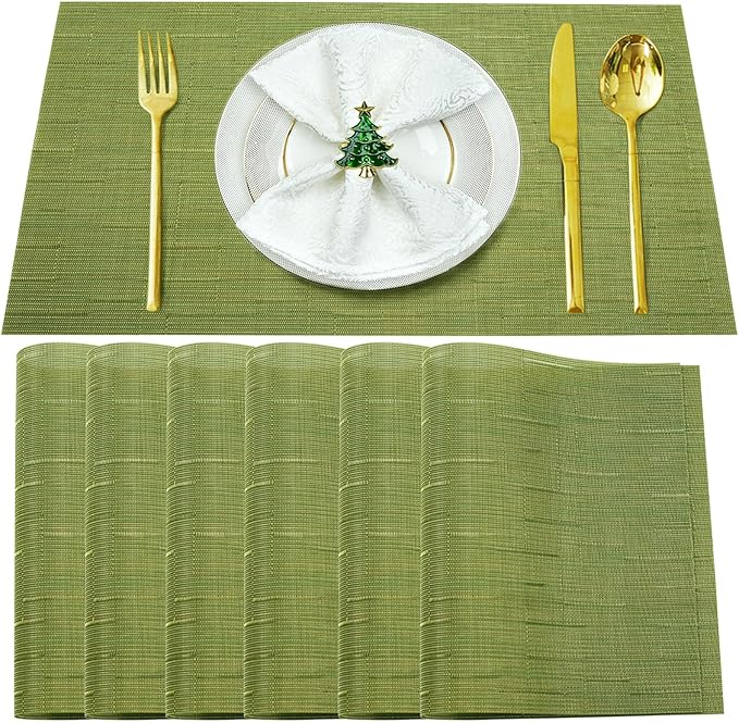Placemats Set of 6,Washable,Heat and Stain Resistant Indoor/Outdoor Place mats,Vinyl Woven Non Slip Table Mats for Restaurant Table Protection,PVC Placemats(Green,6PCS)