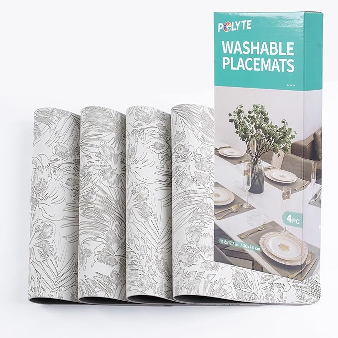 POLYTE Indoor/Outdoor Washable Embossed Vinyl Faux Leather Table Dining Placemats, Set of 4