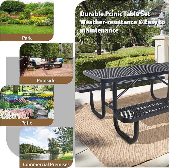 6FT Rectangular Metal Picnic Table for Outdoors, Commercial Steel Metal Picnic Tables, Heavy Duty Sturdy Picnic Tables Furniture Set for Patio Garden Courtyard BBQ, with Umbrella Hole, Black