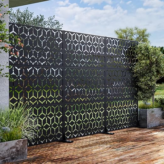 Casaphoria 72" H x 47" W Metal Outdoor Privacy Screen, Freestanding Decorative Divider for Patio, Deck, Balcony, and Garden with Stable Base, Black Bob