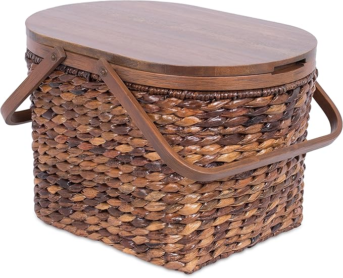BirdRock Home Seagrass and Abaca Picnic Basket with Wood Lid | Hand Woven | Espresso | Decorative Latch | Wooden Top | Home Décor | Folding Handles