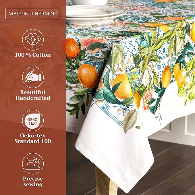 Maison d' Hermine Table Cloth Square Table 100% Cotton 54 x 54 Inches Tablecloth Reusable Decorative Everyday Use for Dining Room, Farmhouse, Home, Party, Festive & Wedding Spring Summer - Agrume