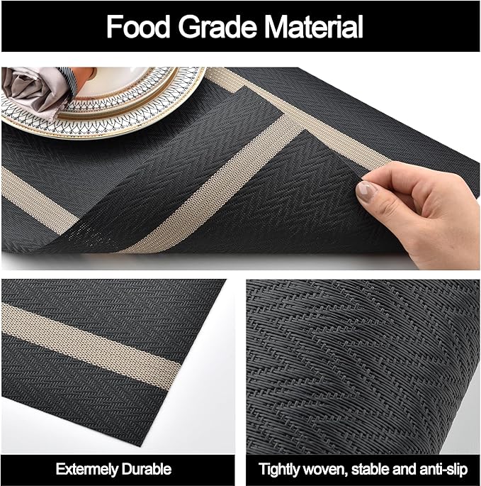 SLKQG Black Placemats Set of 8 - Easy Clean Modern Durable Washable Vinyl Place Mats - Heat Resistant Placemats for Kitchen Table - PVC Table Mats for Dining Table (Black with Stripes, 8)