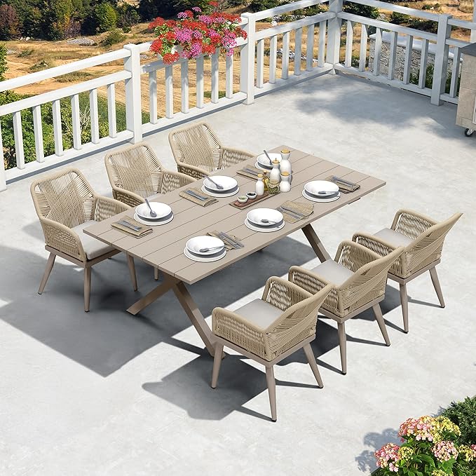 PURPLE LEAF Outdoor Patio Dining Set All-Weather PE Rattan Furniture Set with All Aluminum Frame Rectangular 7 Pieces Table and Chairs Set for 6 People Lawn Garden Backyard Deck, Champagne