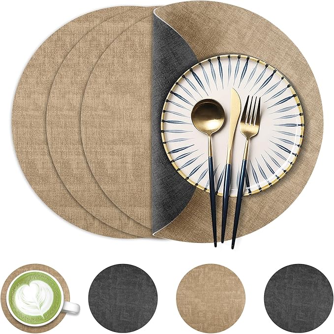 13-Inch Faux Leather Round Placemats Set of 4, Waterproof Anti-Slip Dual Sided Place mats, Heat Resistant Washable Table Mats with Coaster, Suitable for Indoor & Outdoor (4, Black Light Coffee)