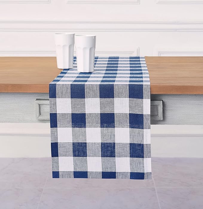 Solino Home Linen Checkered Table Runners 90 Inches Long - 100% Pure Linen Blue and White Buffalo Check Table Runner 14 x 90 Inch Ideal for Dining, Winter, Spring, Easter