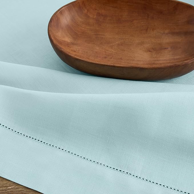 Solino Home Linen Aqua Blue Table Runner 144 Inches Long - 100% Pure Linen Extra Long Table Runner 14 x 144 Inch for Spring, Easter - Classic Hemstitch