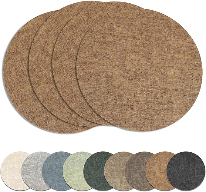 13" Round Placemats Set of 4, Reversible Faux Leather Heat Resistant Table Mats, Waterproof Oilproof Wipeable Table Protective Placemats for Vinyl, Washable for Indoor & Outdoor Use (4, Light Brown)