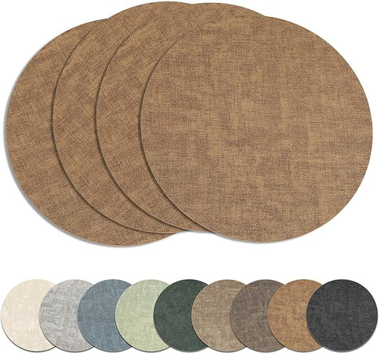 13" Round Placemats Set of 4, Reversible Faux Leather Heat Resistant Table Mats, Waterproof Oilproof Wipeable Table Protective Placemats for Vinyl, Washable for Indoor & Outdoor Use (4, Light Brown)