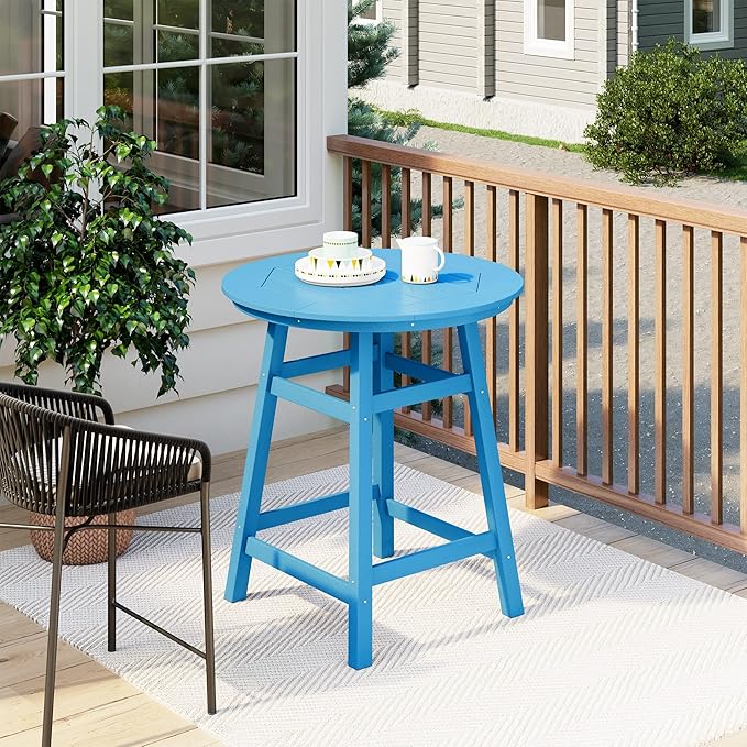 Costaelm Patio Bistro Table, 37" Counter Height Round Patio Cocktail Bar Table with Umbrella Hole, Outdoor Bistro Dining Pub Table for Front Porch Deck Backyard Garden, Pacific Blue