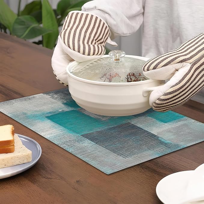 6 Pcs Placemats,Teal Gray Painting Placemat,Art Painting Table Mats Washable Recyclable Table Placemats for Indoor Outdoor Heat Resistant Kitchen Dining 12"x18"