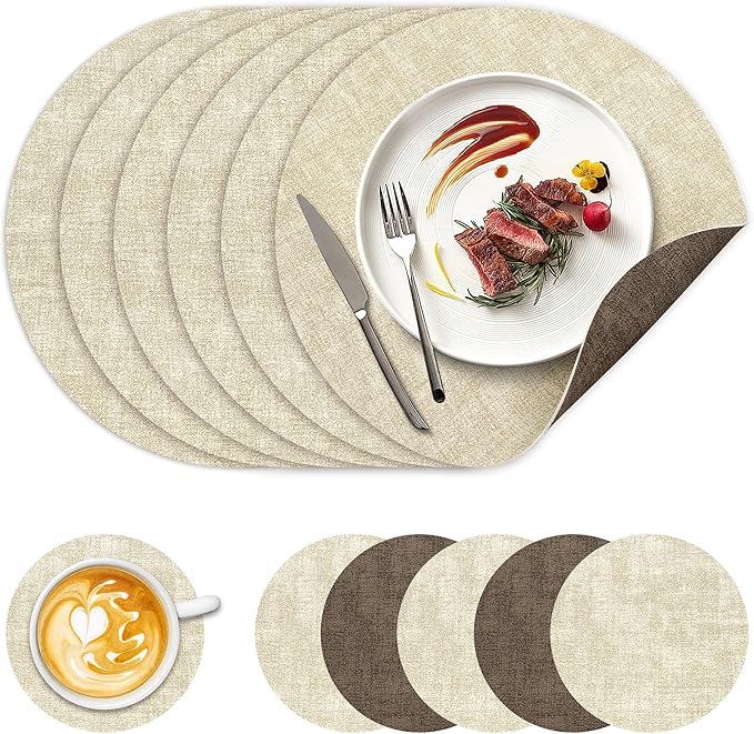 13" Round Placemats Set of 6, NCUE Dual-Sided Faux Leather Heat Resistant Table Mats, Waterproof Oilproof Washable Protective Table Placemats with Coaster, Wipeable Vinyl for Indoor & Outdoor Use