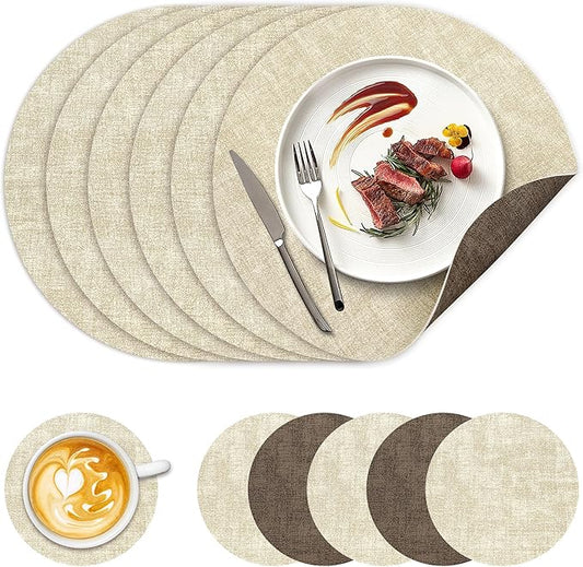 13" Round Placemats Set of 6, NCUE Dual-Sided Faux Leather Heat Resistant Table Mats, Waterproof Oilproof Washable Protective Table Placemats with Coaster, Wipeable Vinyl for Indoor & Outdoor Use