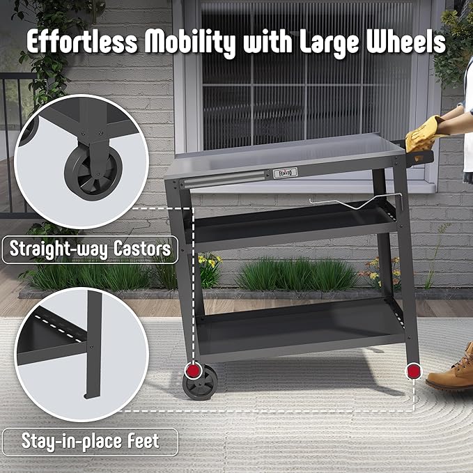 31.5"x18" Outdoor Grill Cart with Stainless Steel Tabletop, Movable Grill Table with Seasoning Rack & Magnetic Tools Holder, Backyard BBQ Kitchen Food Prep Table for Portable Grill & Pizza Oven