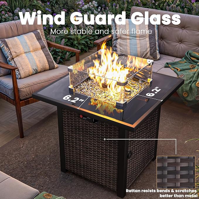 Propane Outdoor Fire Pit Table, 28" Rattan Square Fire Pit Table, Outdoor Gas FirePit W/Glass Wind Guard, Tempered Glass Tabletop, Lid, CSA Listed, 50,000 BTU, Outside Patio Deck & Garden, Brown
