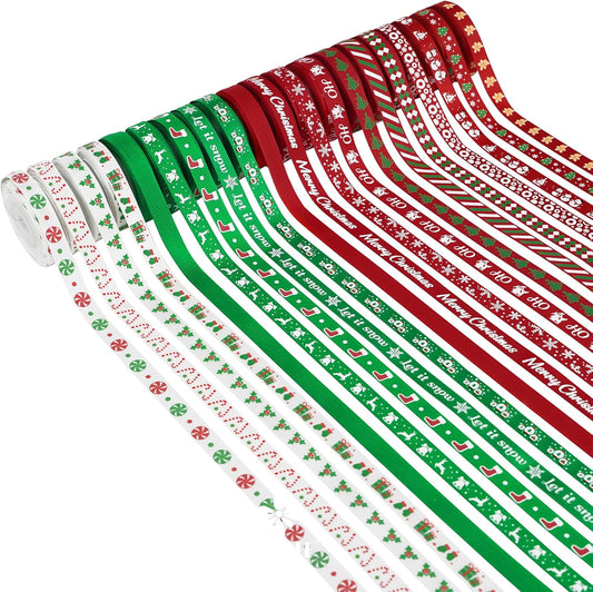MEEDEE 3/8 inch 100 Yards Assorted Christmas Ribbon - Pack of 20 in Red, Green & White - Mix Grosgrain & Double Face Satin Ribbon for Holiday Décor, Gift Wrapping, Xmas Wreath Bow or Crafting Project