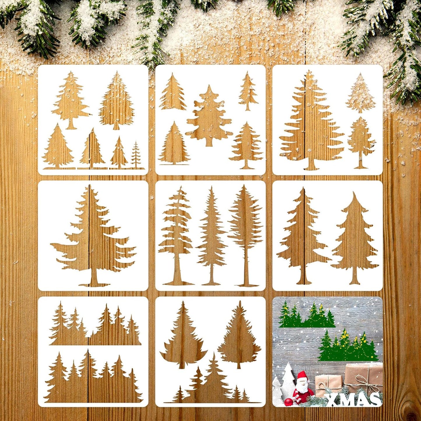 8 Pieces Pine Tree Stencils Art Painting Templates Stencils for Painting on Wood Winter Holiday DIY Wall Floor Decor Supplies (6 x 6 Inch)
