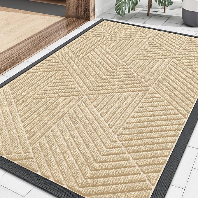 Smiry Front Door Mat Outside Entrance, Heavy Duty Sturdy Natural Rubber Doormat, Trap Dirt and Moisture, Easy Clean Low Profile Mats for Indoor Outdoor Entry, Irregular Triangle (36x24, Beige)