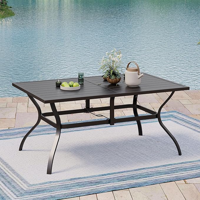 Outdoor Patio Dining Table for 6, 60" x 37" Rectangular Metal Patio Dining Table with Umbrella Hole for Garden, All Weather Wrought Iron Black Outdoor Table Backyard and Porch, Black