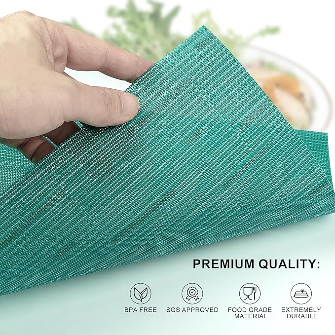 Woven Vinyl Placemats Set of 8 Wipe Clean PVC Heat Resistant Place Mats Durable Waterproof Stain Resistant Indoor Outdoor Table Mats(Turquoise)