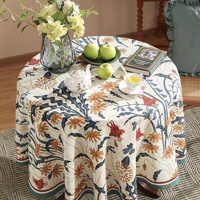 French Vintage Round Tablecloth,Linen Tablecloth with Gold and Red Floral Pattern,Decorative Table Cover for Kitchen,Dining,Thanksgiving,Party,Living Room,Diameter 67"-Tijuana