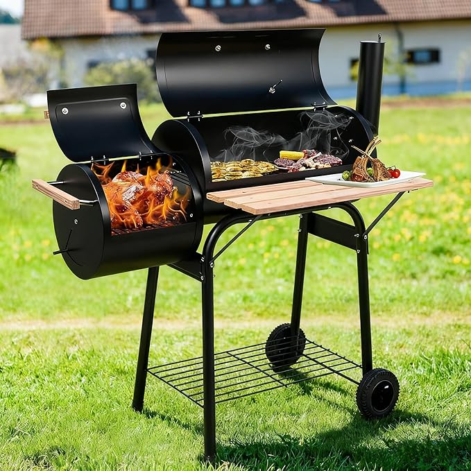 30 Inch Barrel Charcoal Grill & Smoker with Side Fire Box, Outdoor BBQ Grill for Patio Cooking with Front Wood Shelf & Wheels, Black
