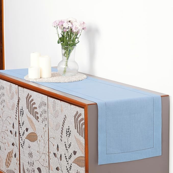 D'Moksha Homes Linen Powder Blue Table Runner 72 Inches Long - 100% Pure Linen Hemstitch Table Runner 14 x 72 Inch for Dresser, Dining, Spring, Easter - Classic Hemstitch