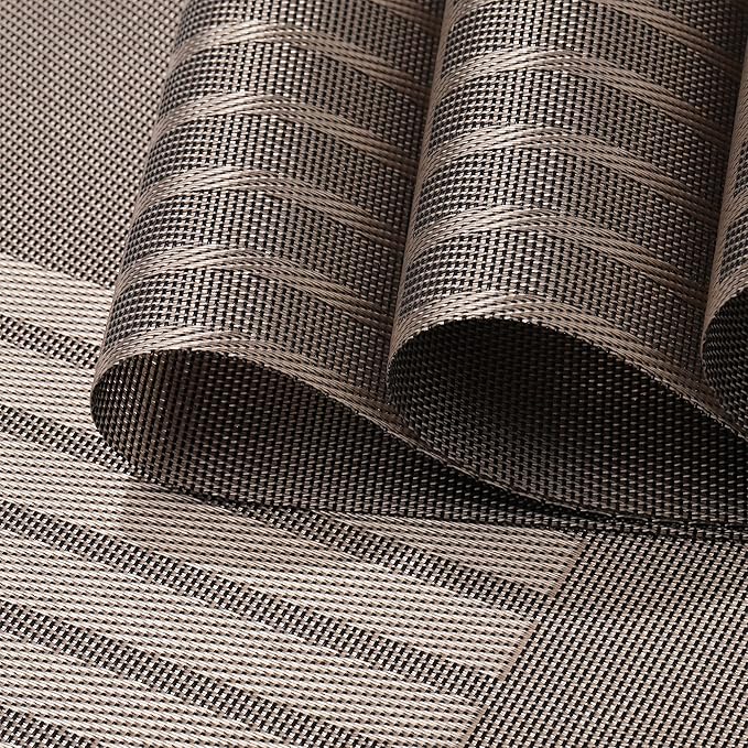 fanquare Vinyl Woven Placemats Set of 6 Classic Stylish Brown Patchwork Striped PVC Placemat for Dining Table Washable Non-Slip Waterproof Table Mats
