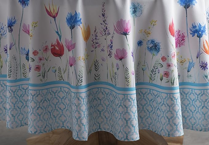 Maison d' Hermine Table Cloth Round Table 100% Cotton 63 Inches Tablecloth Reusable Decorative for Dining Room, Farmhouse, Home, Party, Festive & Wedding Spring Summer - Flower in The Field