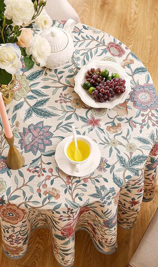 Designer Linen Small Round Tablecloth,Vintage William Morris Floral Table Cloth with Colorful Pattern,Decor Table Cover for Kitchen,Dining,Thanksgiving,Diameter 55"-Flowershadow a