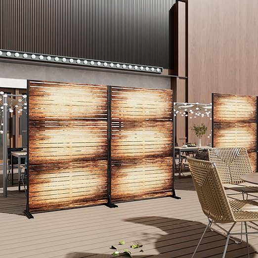 Casaphoria 72" H x 47" W Metal Outdoor Privacy Screen, Freestanding Decorative Divider for Patio, Deck, Balcony, and Garden with Stable Base, Wood Color