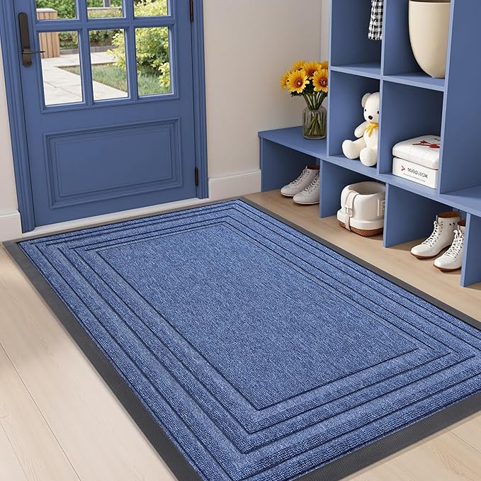 Buganda Front Door Mat Indoor Outdoor Entrance, Non-Slip Natural Rubber Doormats, Easy Clean, Low Profile, Dirt Trapper Entryway Floor Mats for Outside, Garages and Patios, 47x32, Blue